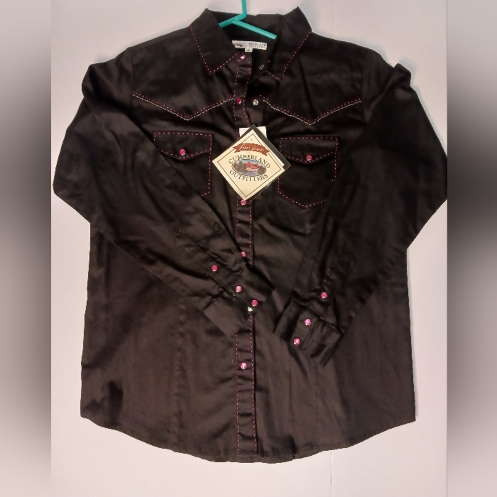 Cumberland Outfitters Western style black blouse, pink stitches size M